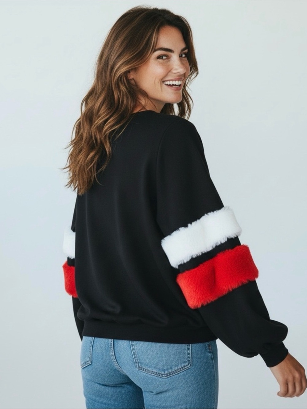 AMT (Above Mediocre Taste)Faux Fur Striped Slv. Balloon Pullover Wom. Med.